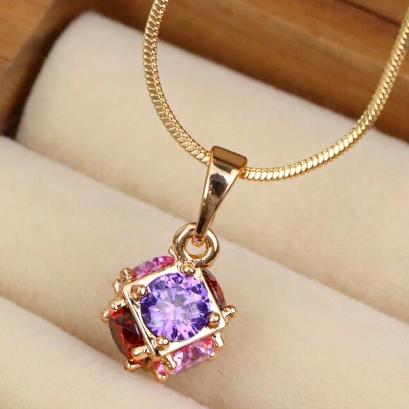 "Cube Design Rose Gold Pendant with Multicolor Stones, XPPT1563 - Picture 1 of 13